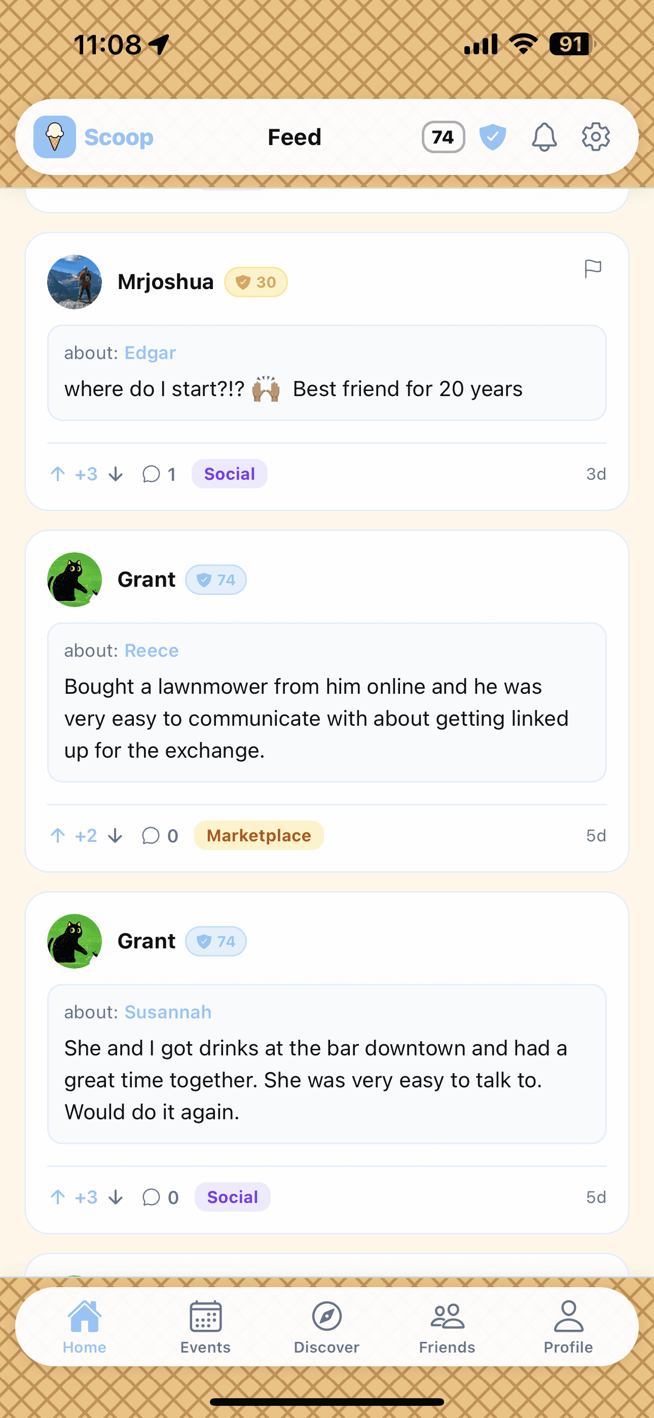 Scoop Home feed with reviews about people