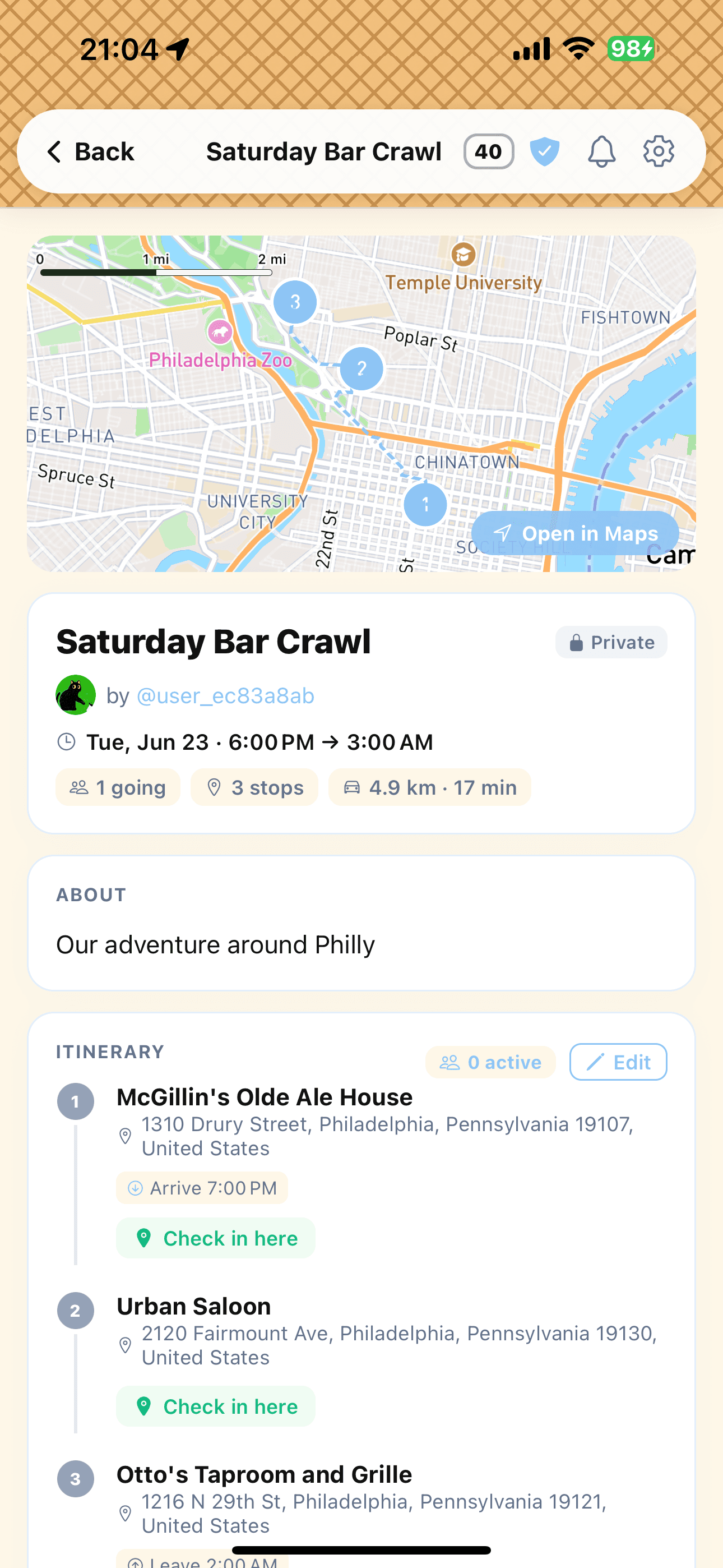 Scoop Journey detail with map route and check-in stops