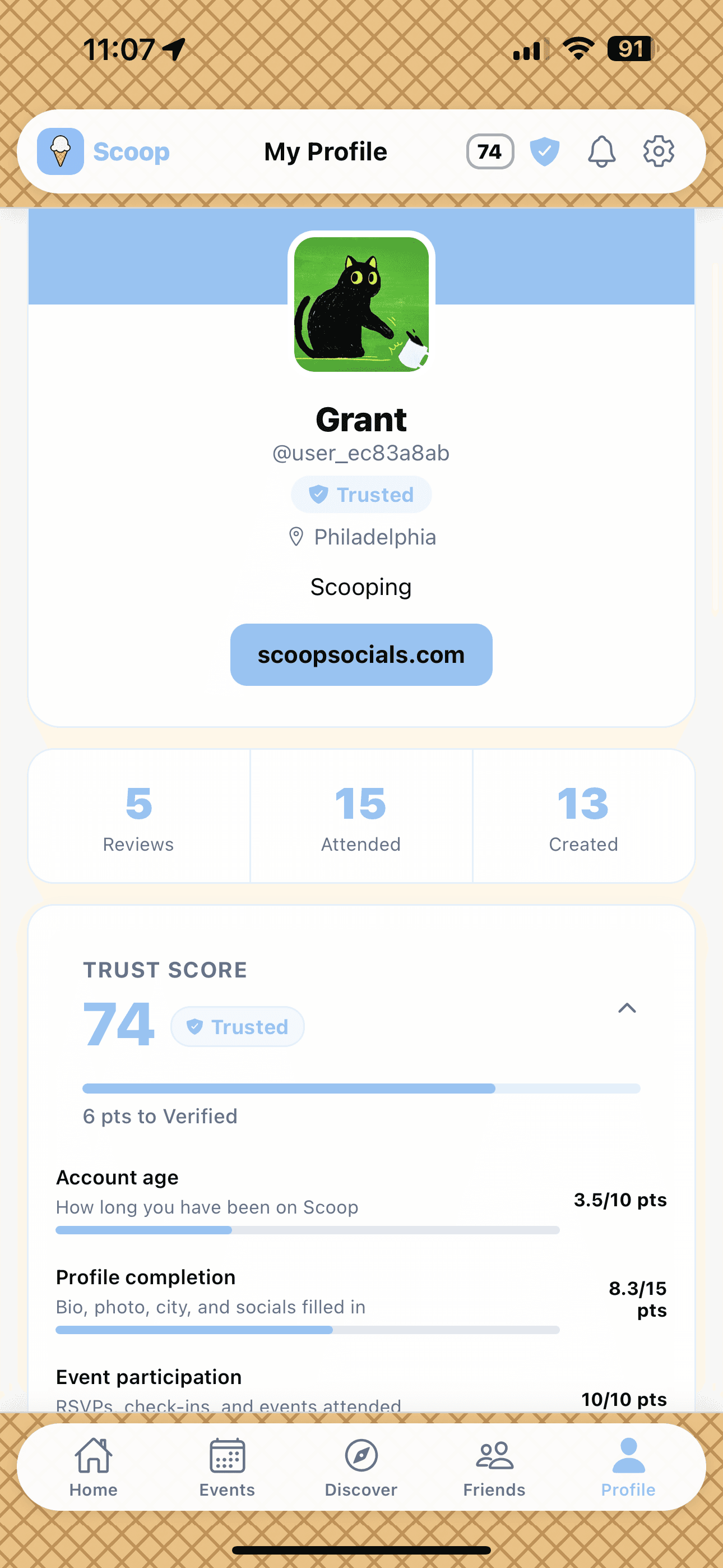 Scoop profile with connected accounts and trust score