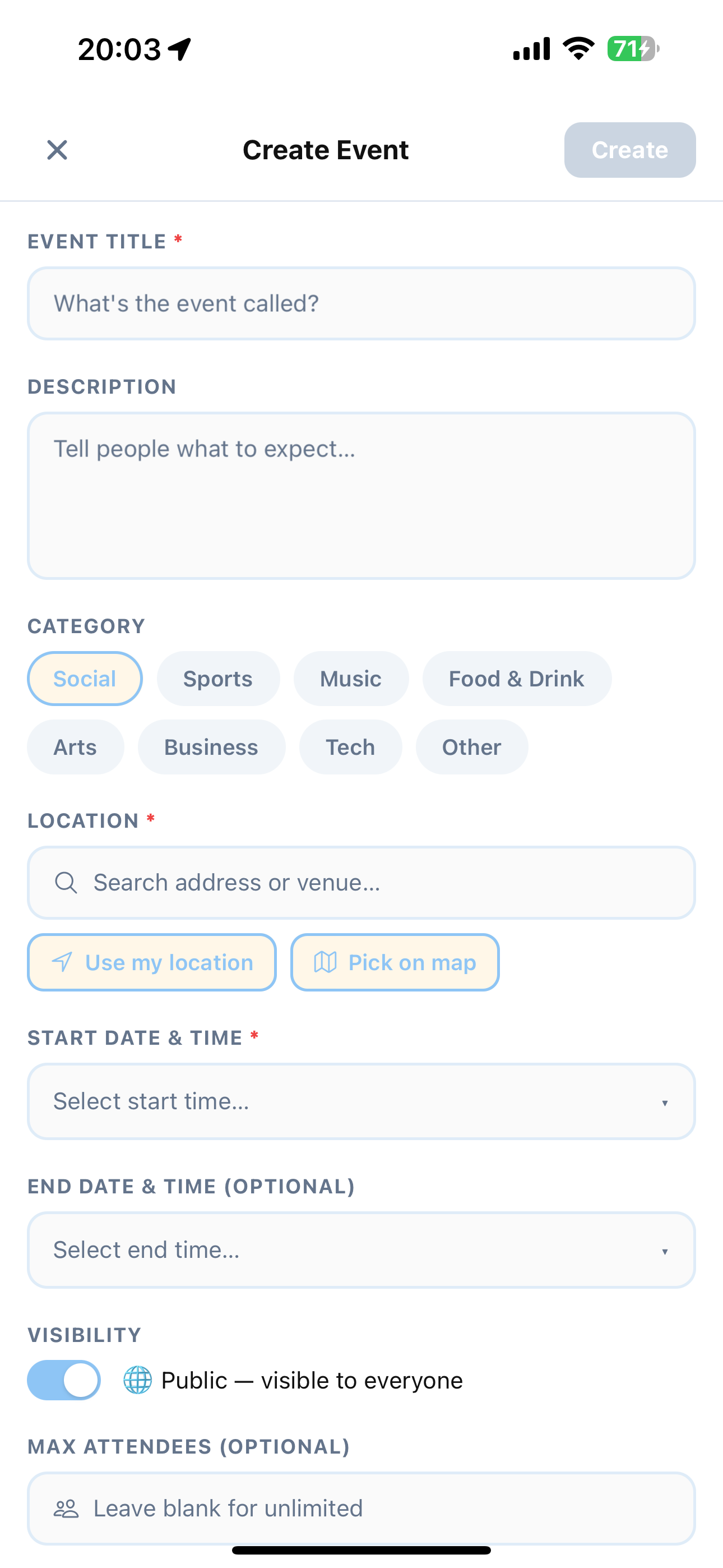 Scoop Create Event screen