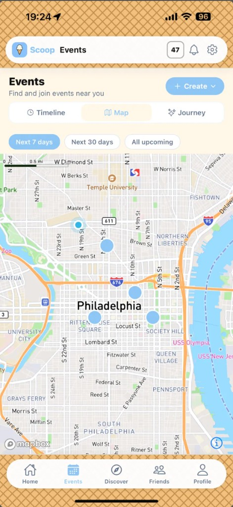 Scoop Events map with nearby event pins