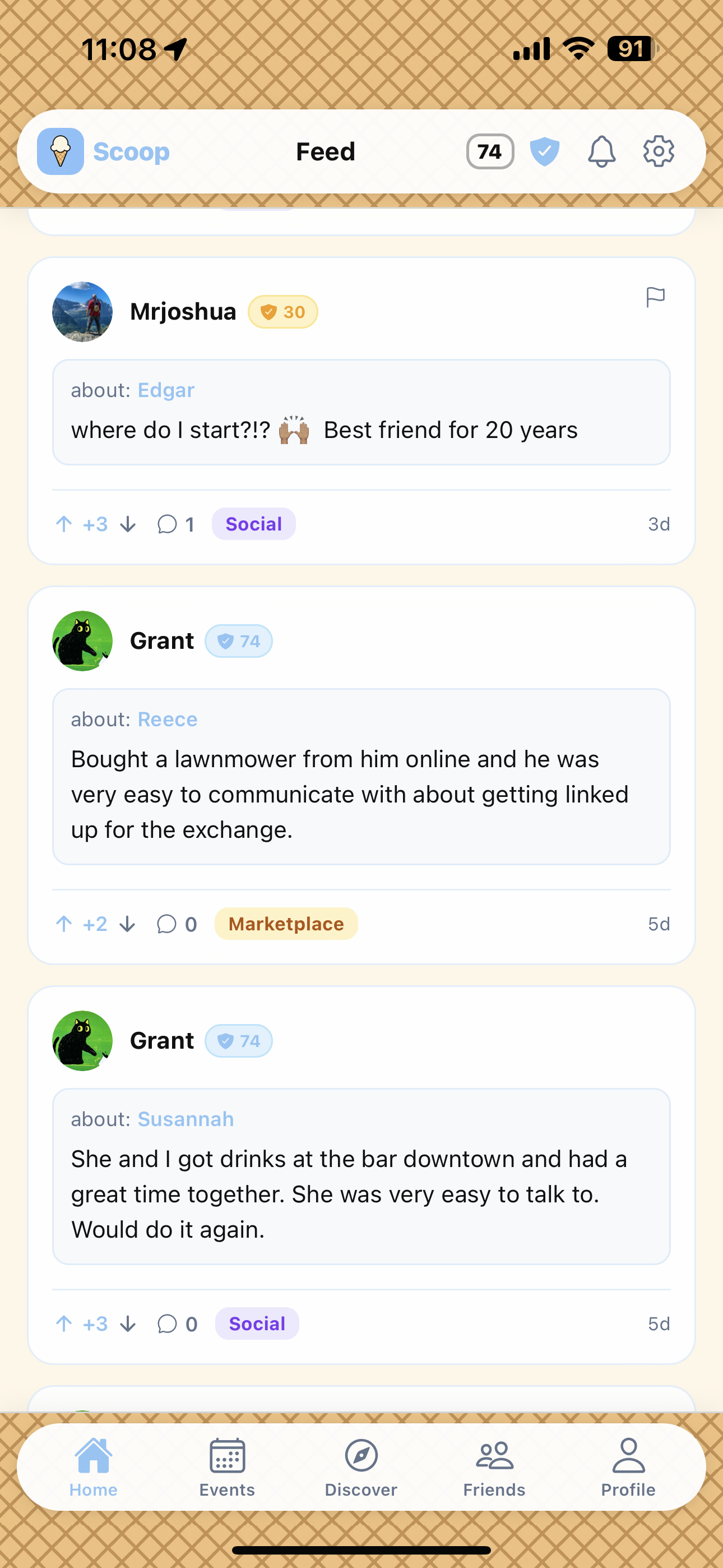 Scoop Home feed with reviews about people