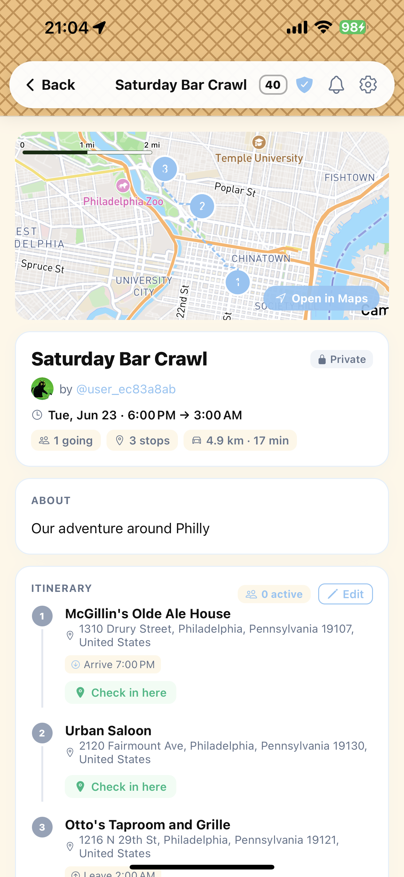 Scoop Journey detail with map route and check-in stops