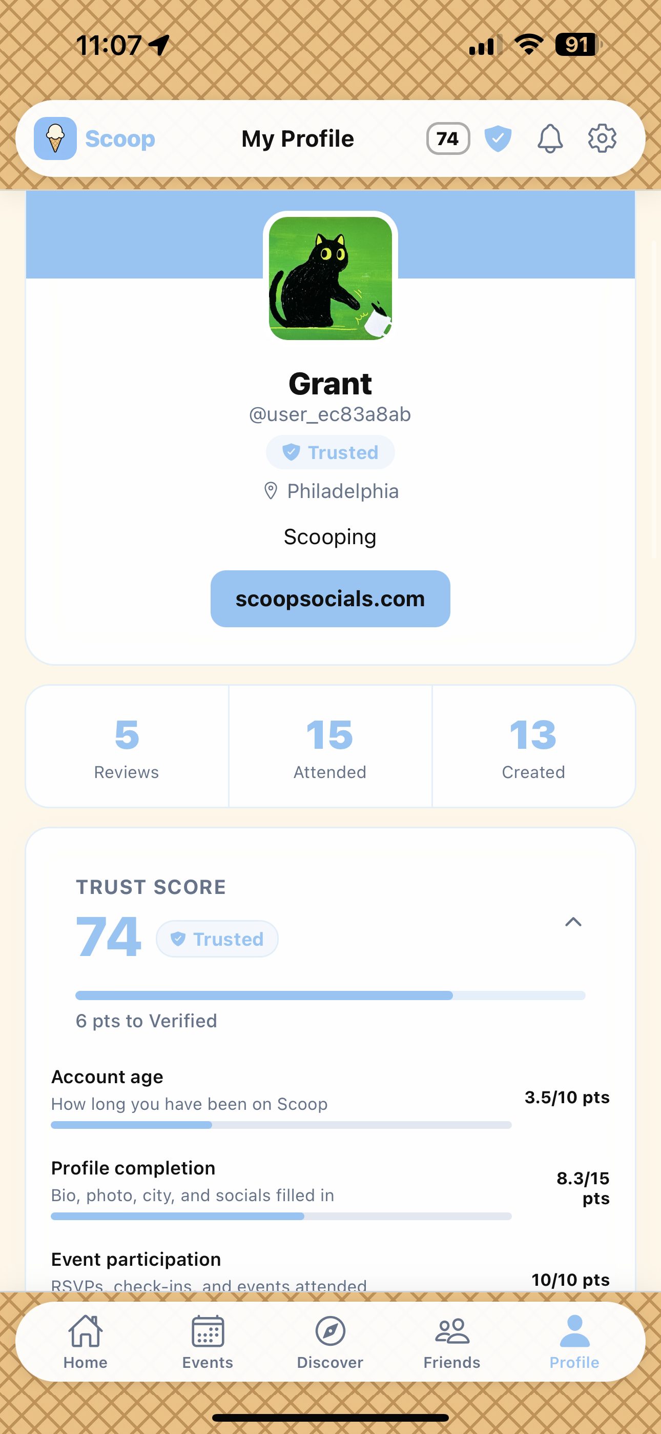 Scoop profile with connected accounts and trust score