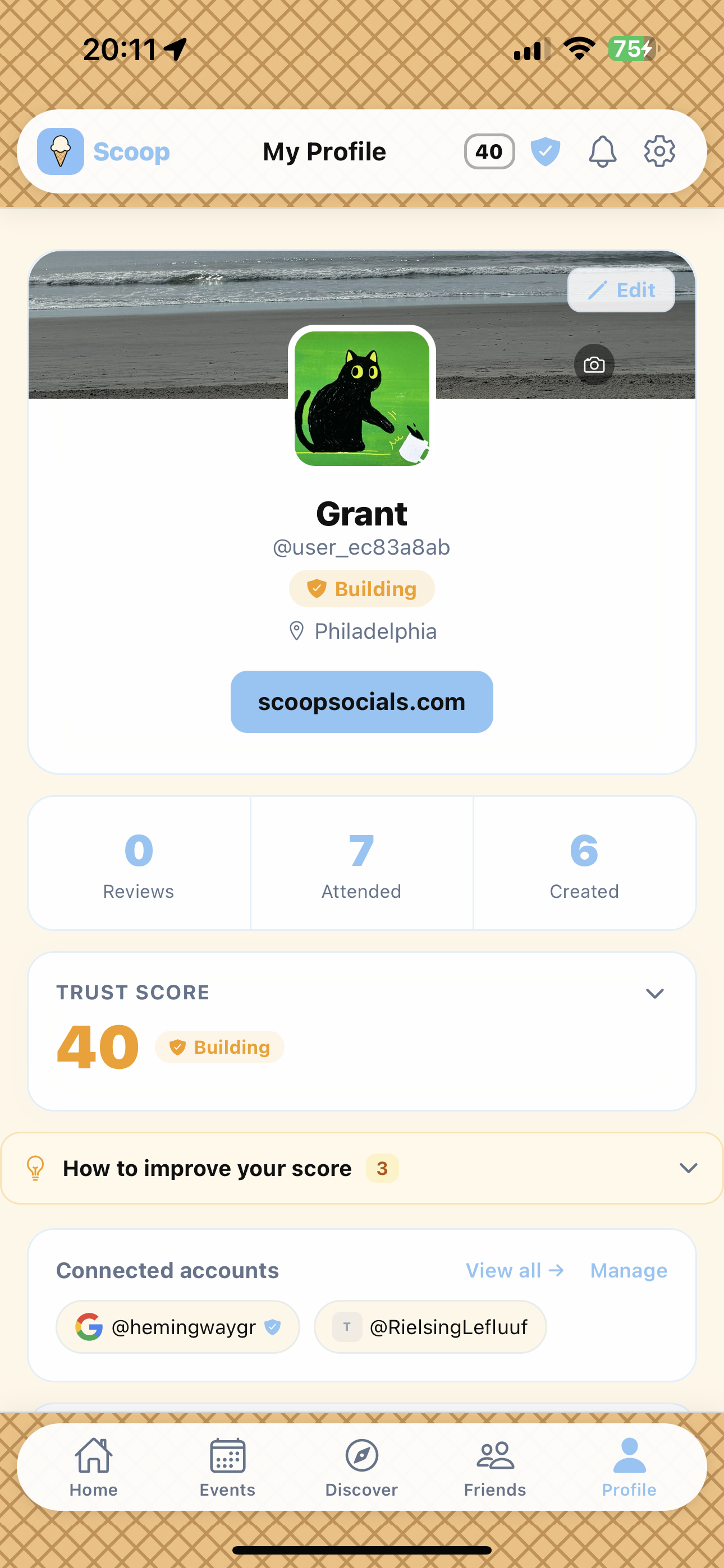 Scoop profile screen