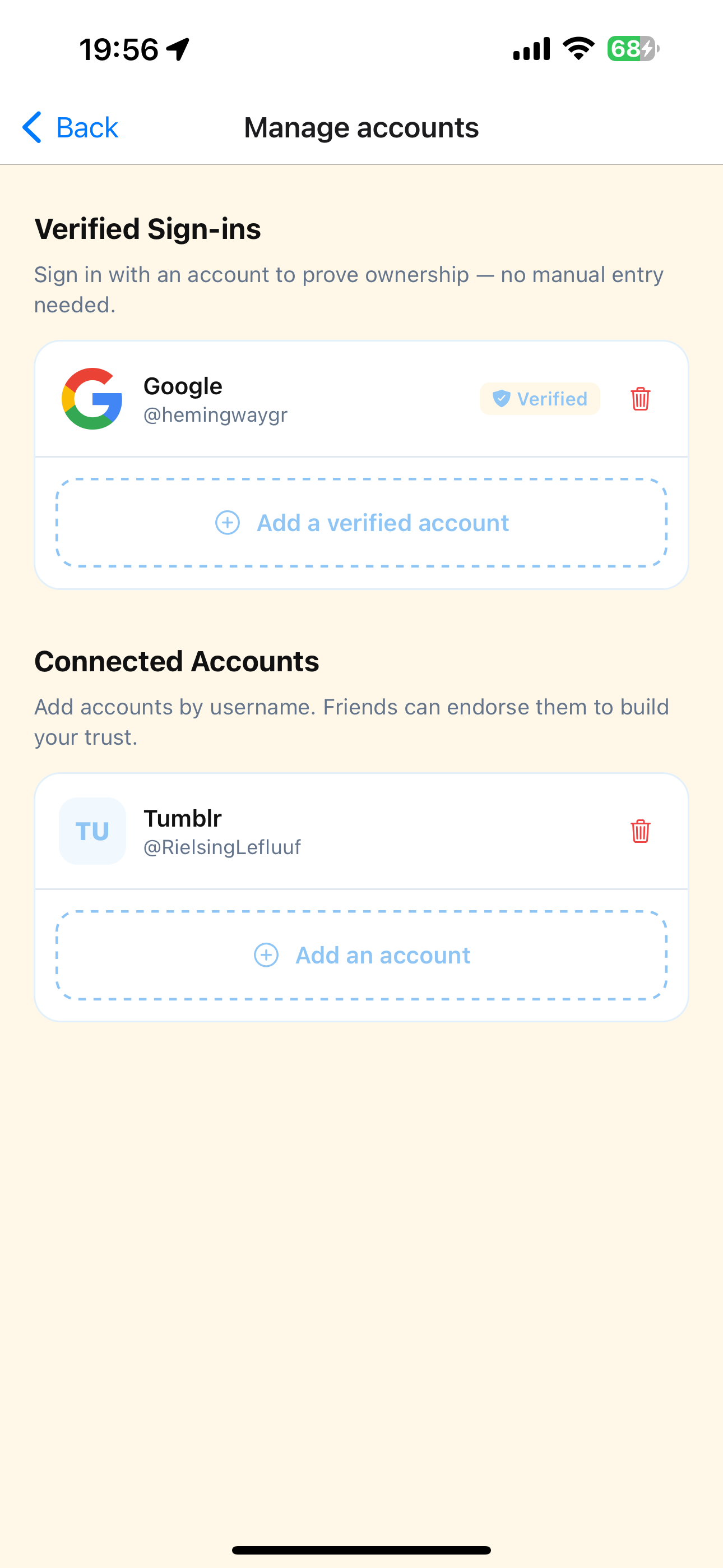 Manage accounts screen